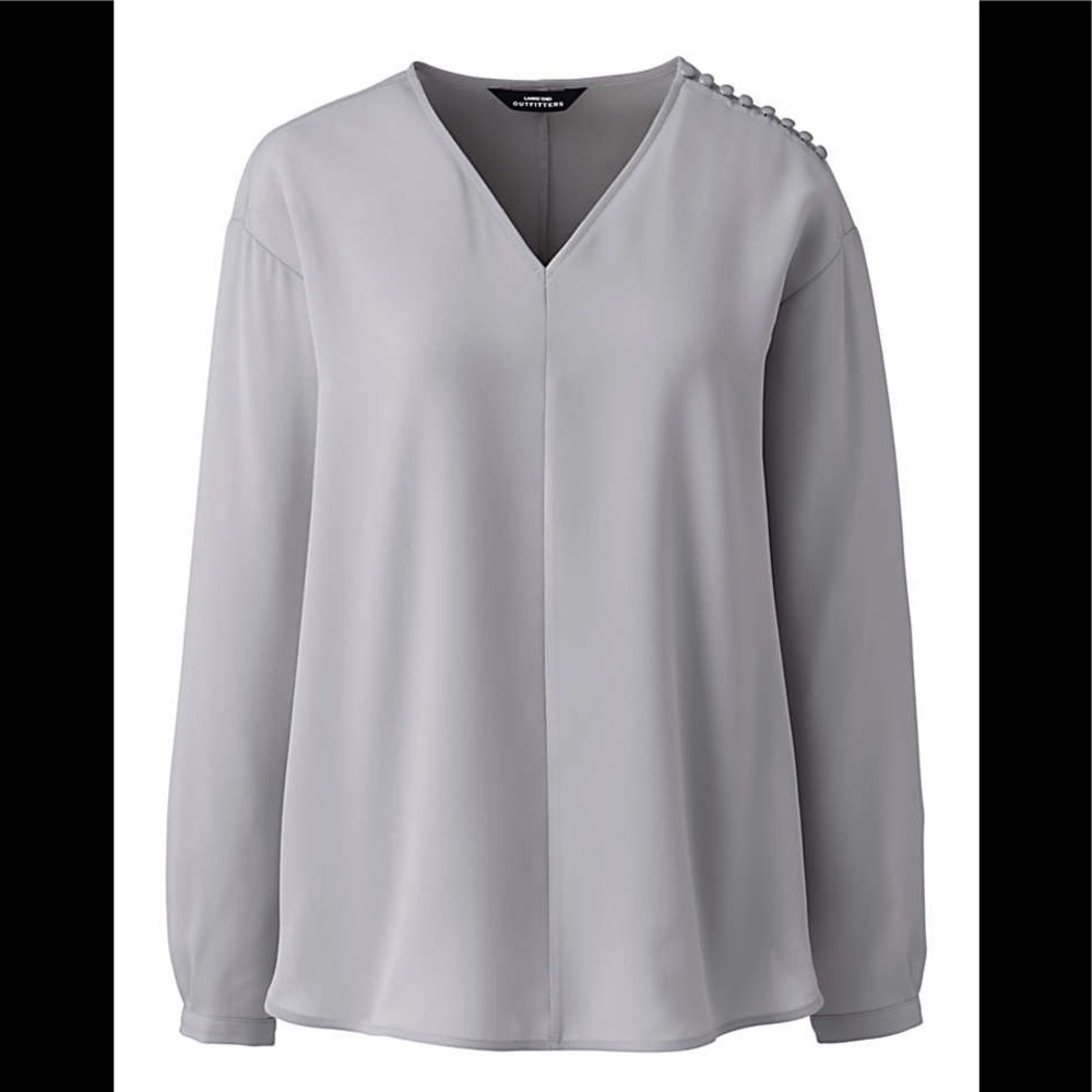 Lands’ End Women's Plus Size Long Sleeve V-neck Button Shoulder Crepe Blouse